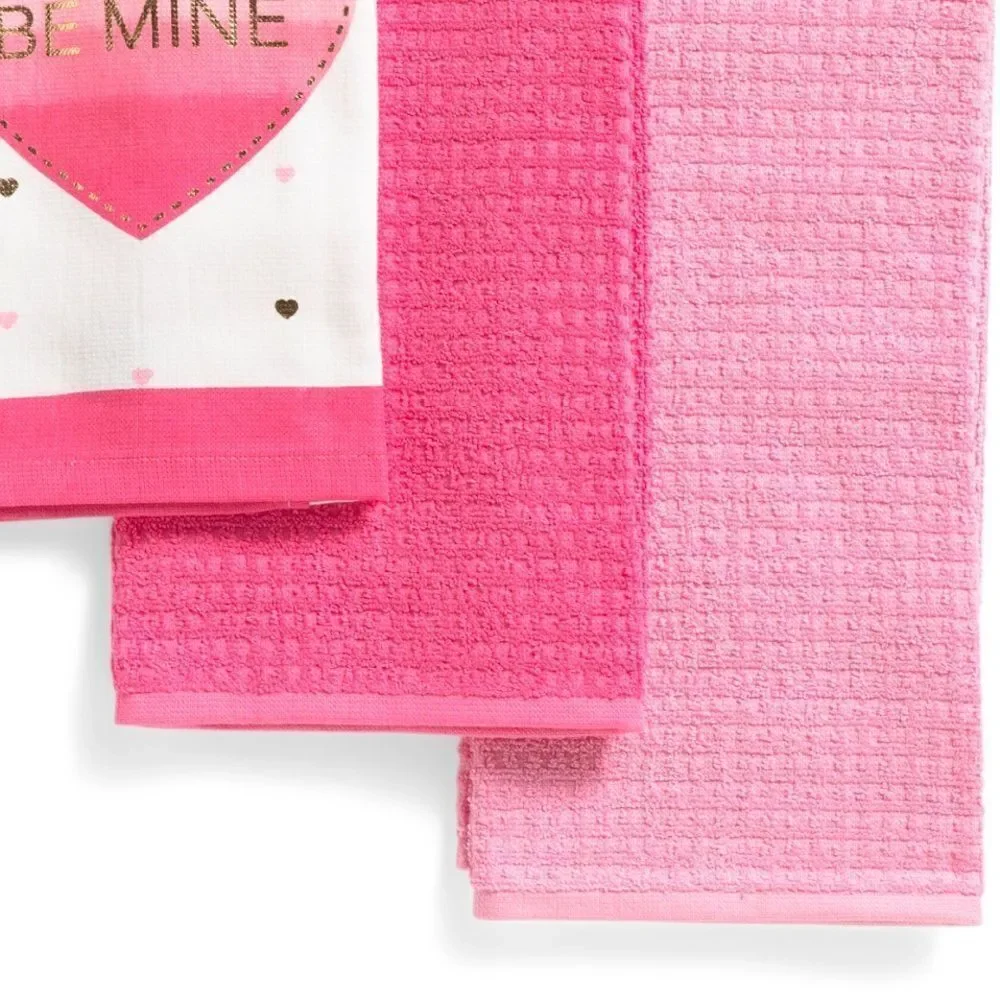 CR Valentine’s Day Pink White Metallic Gold Cotton Tea Kitchen Towels 3 Pack